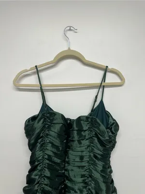 Lucy in the Sky Satin Ruched Dress in Deep Green thumbnail 9