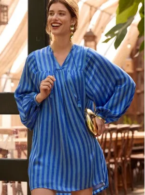 Printfresh Tunic Dress Women Sz S Satin Blue Stripe Tassle Long Puff Sleeve thumbnail 1