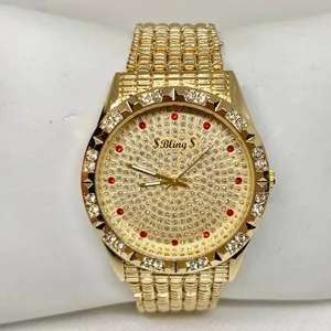 Bling men’s watch iced dial 37mm gold tone quartz red indices up to 8” running thumbnail 1