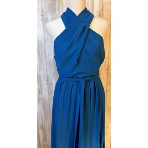 Belle Badgley Mischka Maxi Dress Womens‎ 8 Blue Excellent Crisscross Halter Gown thumbnail 2