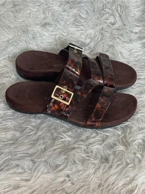 Vionic Women’s Brown Adjustable Triple-Strap Slide Sandals Gold Buckle Size 9USA thumbnail 9