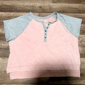 SO Women's Pink Acid Wash Raglan Henley Short Sleeve Top‎ XL Heather Gray Trim thumbnail 4