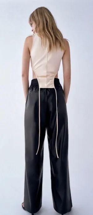 ZARA Black Faux Leather Wide Leg Pants Trousers thumbnail 2