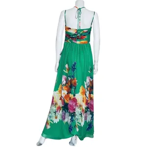 Betsy & Adam Green Floral Placement Print Tie Neck Maxi Dress A26401 GNM Size 8 thumbnail 2