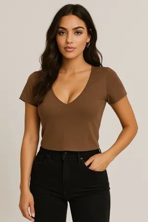 Reoria Women's Brown Pullover V Neck Short Sleeve Casual T Shirts Crop Top Sz M thumbnail 1