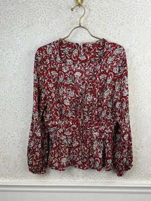 Feather Bone by Anthropologie Red Latrobe Floral Smocked Peplum Top - Size - 14 thumbnail 7