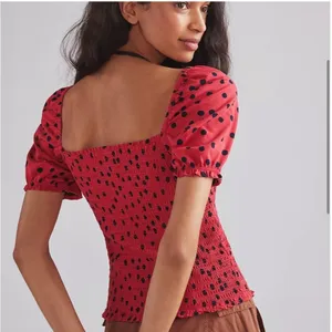 Anthropologie Dolan Polka Dot Smocked Puff-Sleeved Boho Top - Size Medium thumbnail 3
