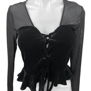 NBD Black Mesh Velour Velvet Long Sleeve Lace Up Crop Peplum Blouse Top Size S thumbnail 3