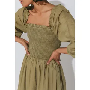 Cleobella‎ Lennox Ankle Dress Olive Green Smocked Cotton Maxi XS thumbnail 3