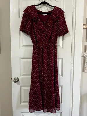 LOFT Flowy Chiffon Midi Dress Maroon Floral Ruffle cap Sleeve Sz M Fem Romantic thumbnail 9