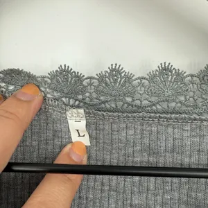 Gray Ribbed Long Sleeve Lace Trim V-Neck Button Cuff Casual‎ Top Women's L thumbnail 3