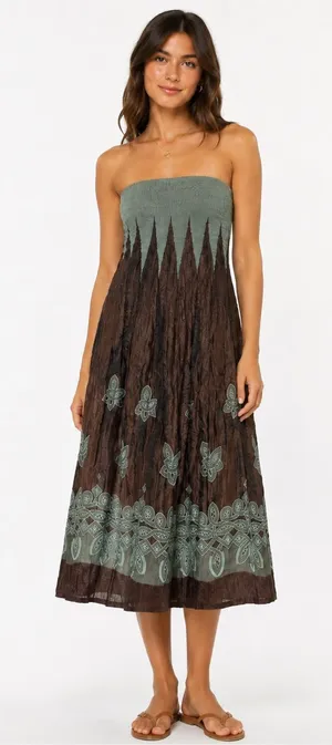 Strapless Green and Brown Embroidered Midi Dress/ Skirt thumbnail 1