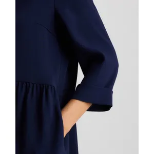 Quince Stretch Crepe Shirt Dress Textured Navy Blue Drop Waist Pocketed Small thumbnail 2