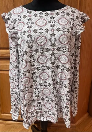 LOFT Medallion Print Ruffle Shoulder Bubble‎ Hem Long Sleeve Blouse Top Size XL thumbnail 1