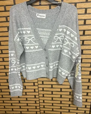 No Boundaries Gray Bow Print Button Front Cardigan‎ Size Medium thumbnail 1