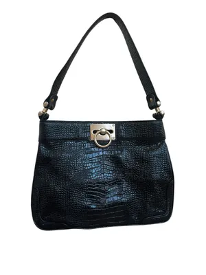 Vintage Ann Taylor Black Croc Embossed Leather Shoulder Bag Brass Hardware 90s thumbnail 2