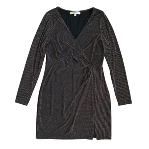 ROW-A‎ Metallic Pinstripe Faux Wrap Mini Dress Black Gold XXL Party Cocktail thumbnail 1
