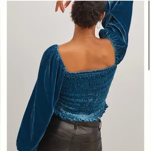 Anthropologie Smocked Puff Sleeve‎ Blue Velvet Square Neck Long Sleeve Top thumbnail 6