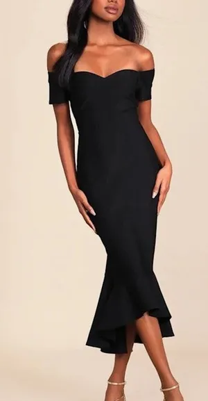 NWT Lulus Off Shoulder Trumpet Midi Dress Mermaid Womens S Black Cocktail Event thumbnail 1