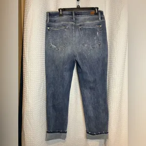 Judy Blue Ripped Boyfriend Jeans in Dark Blue thumbnail 6