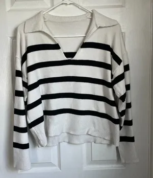 BERSHKA White Navy Blue Striped V Neck Sweater Sailor Summer Size M womens thumbnail 1