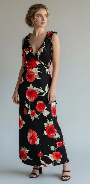 New Lulu's Clarrie Black Red Floral Crinkle Satin Ruffled Midi Dress Size Small thumbnail 1