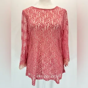 Sheer Mauve Mixed Lace Bell Sleeve Top Eyelash Fringe Gimmicks by BKE Fairy Boho thumbnail 6