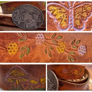 70s Vtg sz 34 Painted Mushroom Butterfly Floral Tooled Leather Belt W/Zee Buckle thumbnail 2