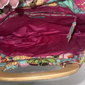 Vtg 2000s Vera Bradley Silk Quilted Floral Handbag Wooden Handles Pink Lining thumbnail 8