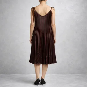Annabelle Brown Satin Pleated Tie Strap Midi Dress Sz L NWT thumbnail 10