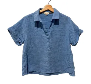 Sundance Cotton Crinkle Gauze Top Women Sz S Blue Boxy Boho Coastal Short Sleeve thumbnail 1