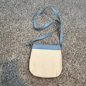 Etienne Aigner‎ Blue Leather Trim Woven Crossbody Bag Horseshoe Logo Cream thumbnail 3