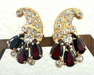 Gold-Tone Rhinestone & Deep Red Cabochon Clip-On Earrings thumbnail 1