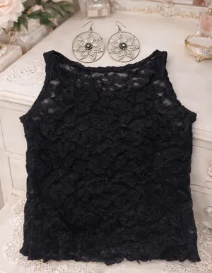 Ann Taylor Sheer Black Lace Top + Silver Floral Statement Earrings | Chic bundle thumbnail 1