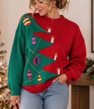 Knitworks Christmas Sweater Womens Medium Red Green Ugly Holiday Tree Vintage thumbnail 1
