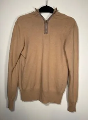 TORY BURCH Cashmere Quarter Zip Sweater S Tan‎ Gold Logo Pull Luxury Knit thumbnail 1