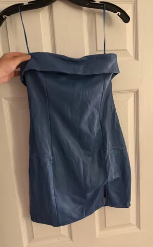Sky to Moon NWOT Blue Pleather Mini Strapless Dress thumbnail 1