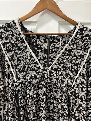 Free People Like You Best Boho Mini Dress Size Medium Black/White Floral Ruffle thumbnail 5