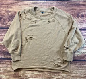 Aerie Oversized Beige Distressed Cropped Crewneck Sweater Large Stretch thumbnail 1
