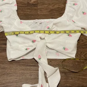 Strawberry Printed 5/8 Sleeve Waist Tie Crop Top White Pink Large thumbnail 11
