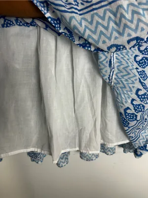 Oliphant Blue White Block Print Tiered Cotton Mini Dress Sleeveless Ruffle Small thumbnail 4