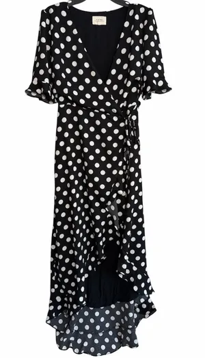 IF BY SEA‎ Black White Polka Dot Wrap Maxi Dress Medium thumbnail 1
