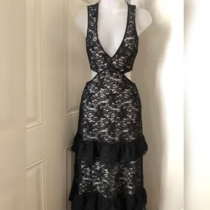 Black Whimsygoth gothic grunge lace cut out slim fit fitted maxi halter formal prom dress gown deep V neckline, open back, and tiered ruffle hem-S #goth #whimsygoth #fairycore #fairygrunge thumbnail 2