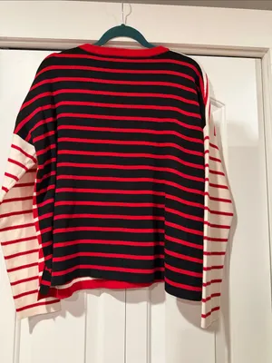 CAbi Red & White Striped Pocket Pullover with Navy Side Stripe medium thumbnail 5