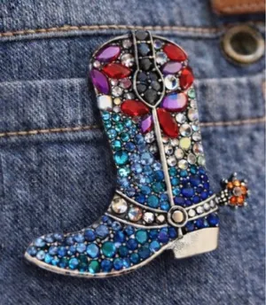 NEW Cowboy Boot Rhinestone Brooch Pin Western Bag Charm Blue Red Crystal NWT thumbnail 1