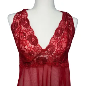 Victorias Secret Red Lace Mesh Babydoll Chemise Lingerie sz L Mini Slip Romantic thumbnail 5
