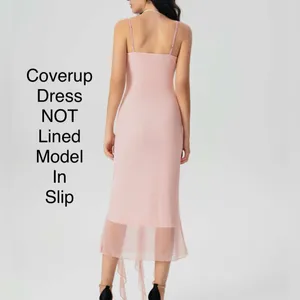 Pink V-neck Ruffle Mesh Cover Up Dress L/Size 8 thumbnail 7