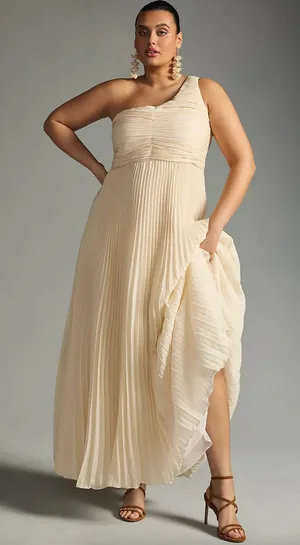 NWT Anthropologie Let Me Be One-Shoulder Pleated Maxi Dress Cream White Medium thumbnail 1