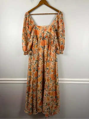 Storia Estelle babydoll maxi dress in orange tan shimmer floral size XS thumbnail 7