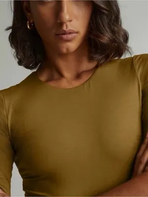 Everlane mustard tapenade Short Sleeve crewneck bodysuit, size S Supima cotton thumbnail 4